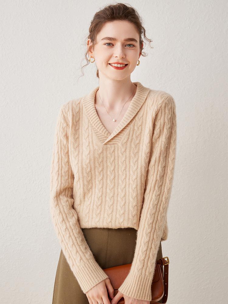 European Women's V-Neck Cashmere Knit Sweater - Thick, Versatile, Short Base Layer