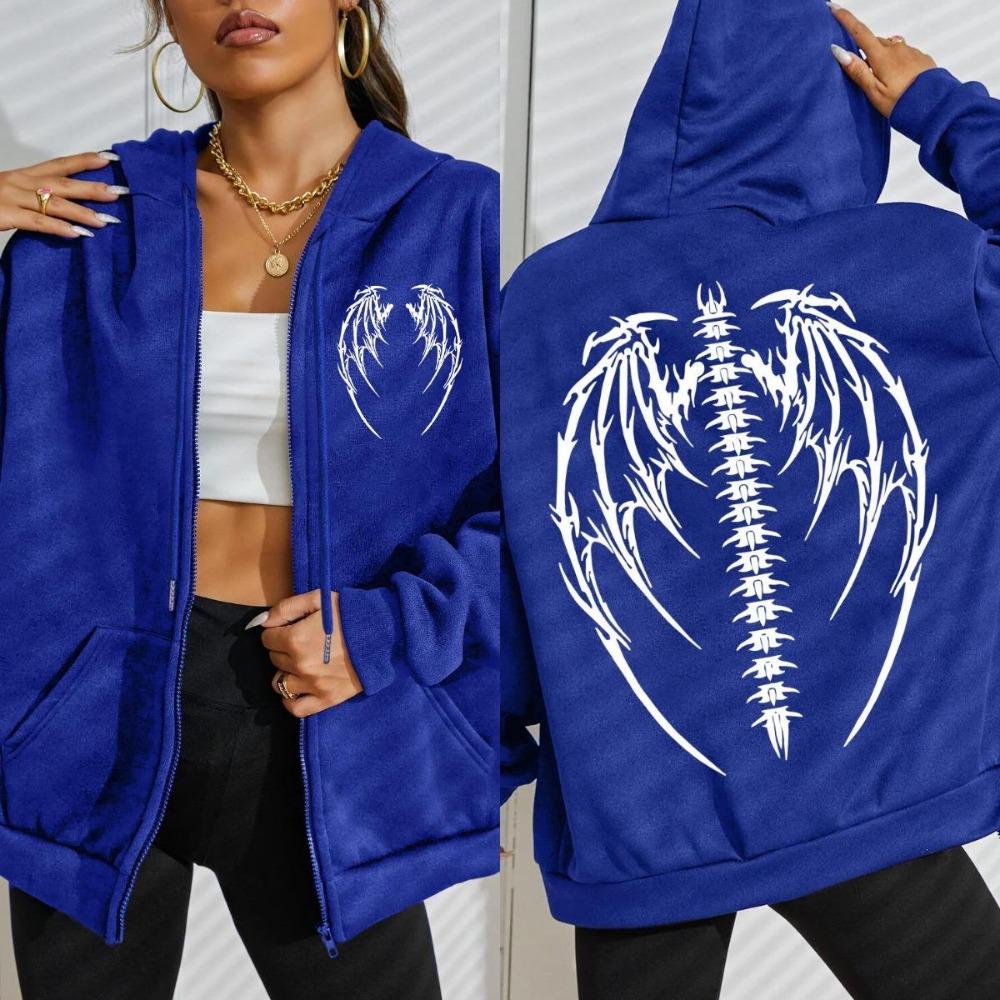 Creative Wings Skeleton Design Print Zipper Hoodie Woman Fashion Fleece Hoody Autumn Sportswear Street Casual Top