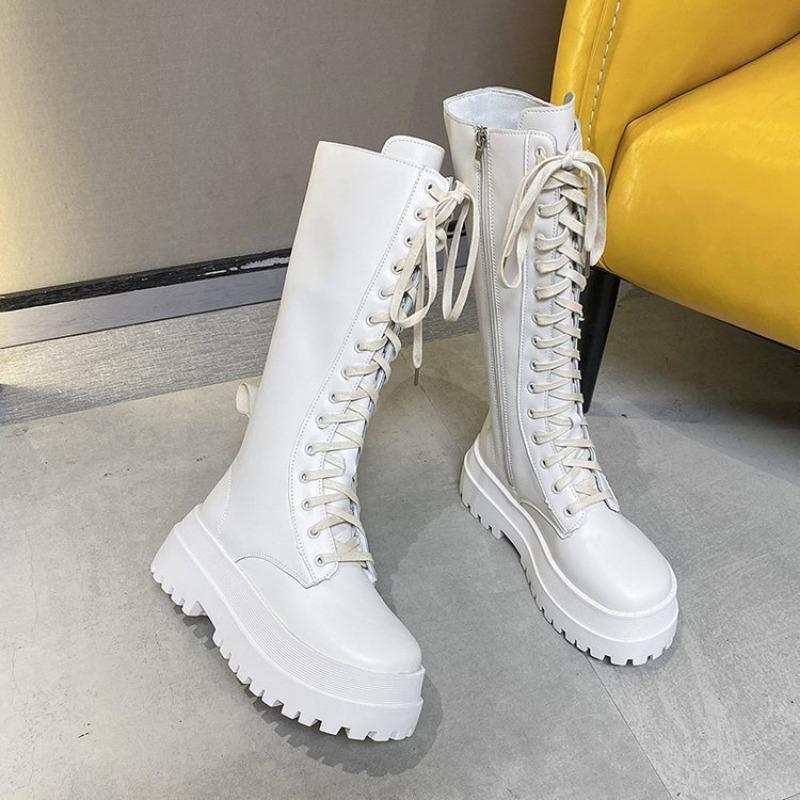 Fashion Women Knee High Boots Thick Sole Punk Style Women Motorcycle Boots Retro Square Heel Lace Up Women Boots Black White Botas Mujer