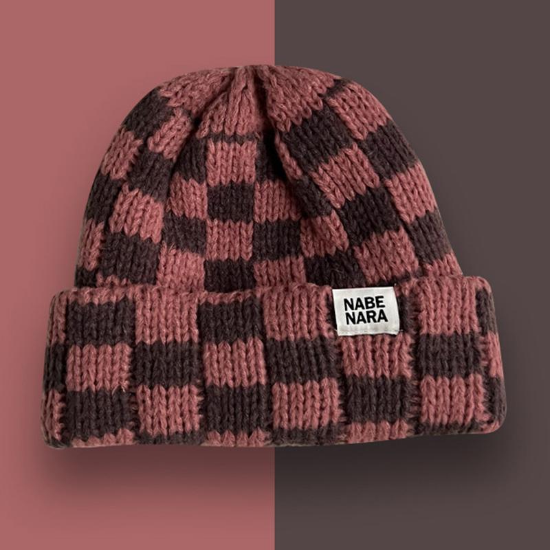Checkerboard Plaid Knitted Hat For Women Autumn And Winter Korean Style Wool Hat Japanese Style Face-Enhancing Small Hat