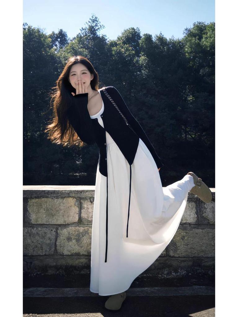 Spring 2026 OOTD: Two-Piece Set with Irregular Long Skirt, Cardigan, and White Camisole Dress