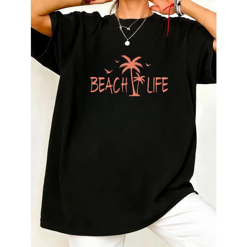 

Plus Size, Summer Fresh Vacation Coconut Tree Beach Women s Casual Round Neck Top, All-Season Wear, Fashionable Printed Short Sleeve T-Shirt for Women S чёрный