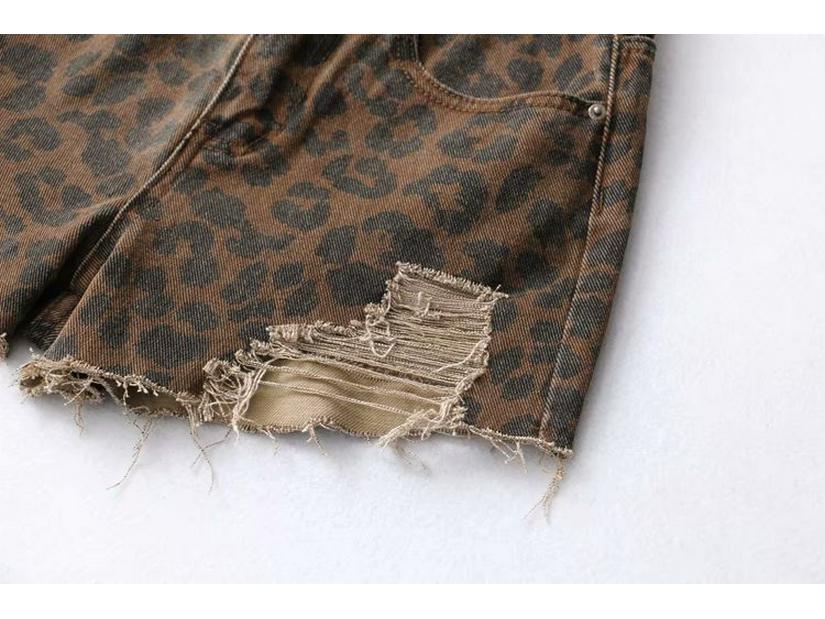 Women's Summer High Waist Leopard Print Ripped Denim Shorts