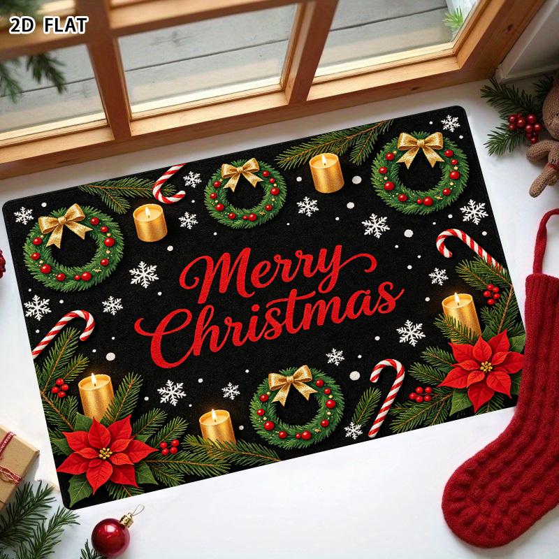 2D FLAT Merry Christmas Wreath Candle Poinsettia Candy Cane Pine Branch Snowflake Doormat, Non-Slip Durable Flannel Mat with 1.02 Cm Sponge Thickness,