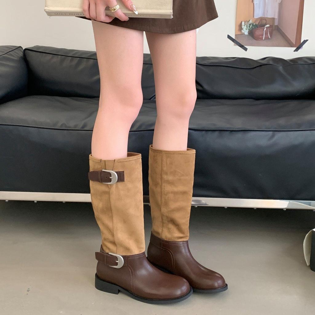 Equestrian boots Medium boots Splicing metal buckle knight boots Stacking boots Western boots Straight boots