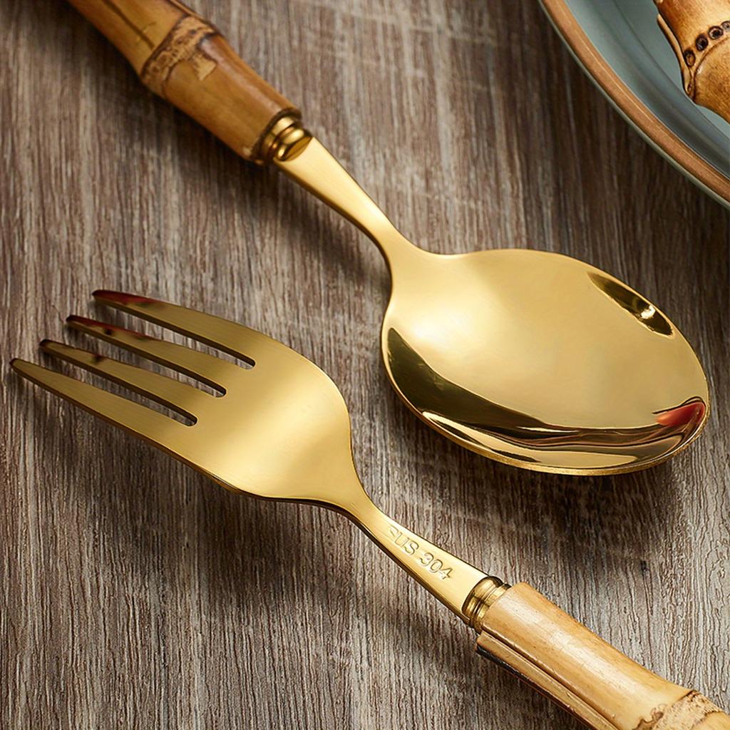 24Pcs Creative Dinnerware Sets Bamboo Handle Stainless Steel Flatware Set Knife Fork Spoon Tableware Set Luxury Cutlery Rack