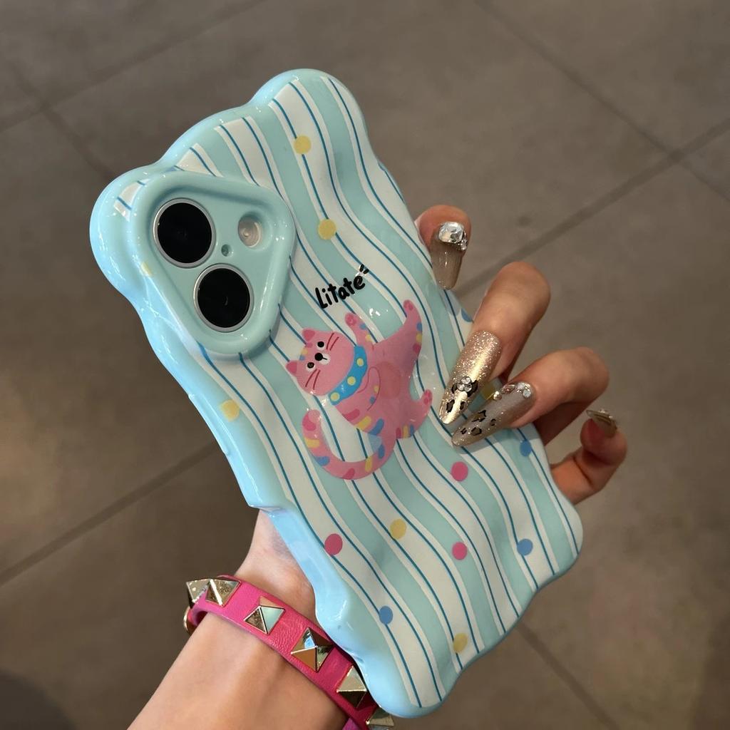 Polka Dot Striped Cat Is Suitable for Apple 17/16pro Mobile Phone Case 14 Wavy Clouds 13 Fine Holes 15 Three-dimensional 12 Soft