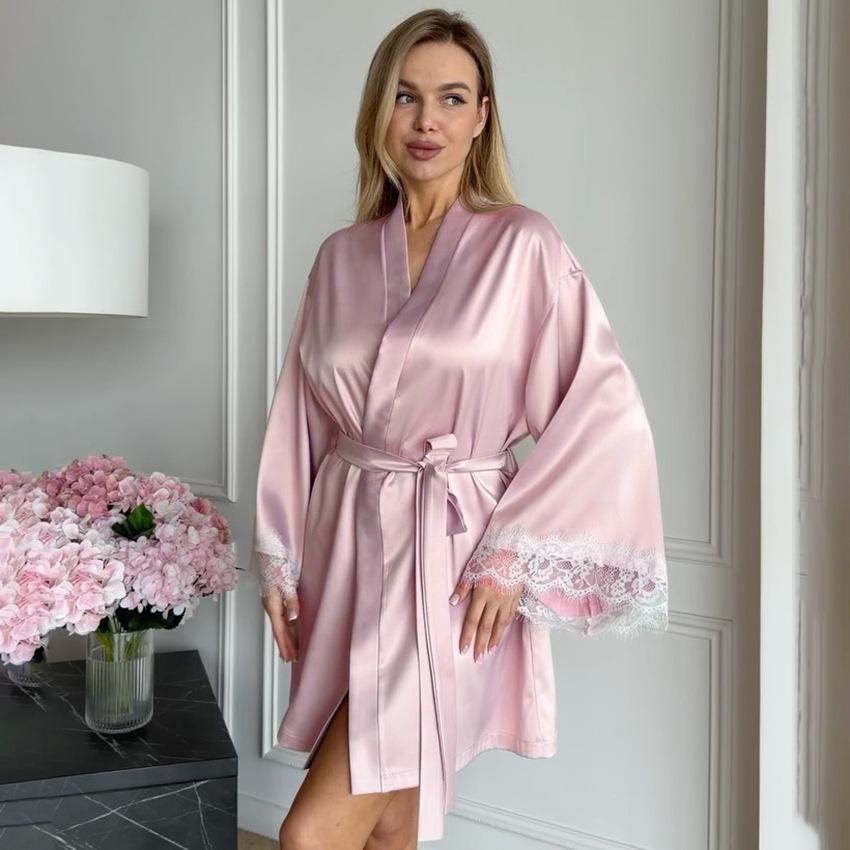 Pajamas Women's Autumn Pink Lace Edge Satin Comfortable Long Sleeve Pajamas Bathrobes Comfortable Women's Loungewear