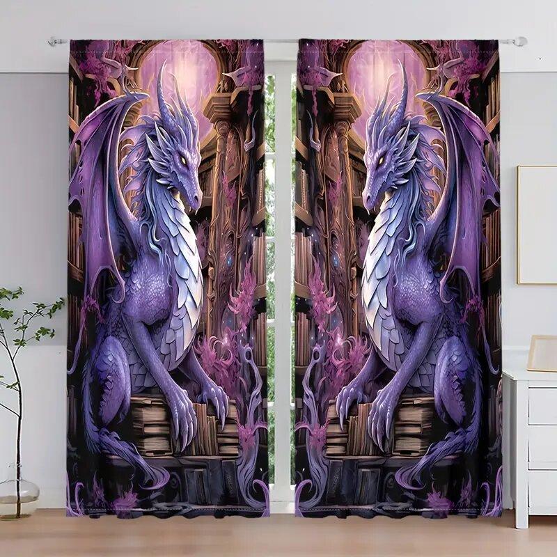 

New Year Purple Noble Dragon Pattern Printed Curtains Bedroom Living Room Home Decoration Made Of Polyester Sitting Window Treatment W100*H70(CM)-Hooks&2PCS