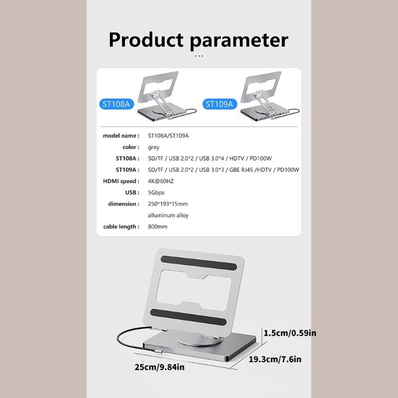 10 Port Laptop Dock Holder with 4K60hz Output USB3.0x3 Support and PD100W Charging 360 Degree Rotation Holder