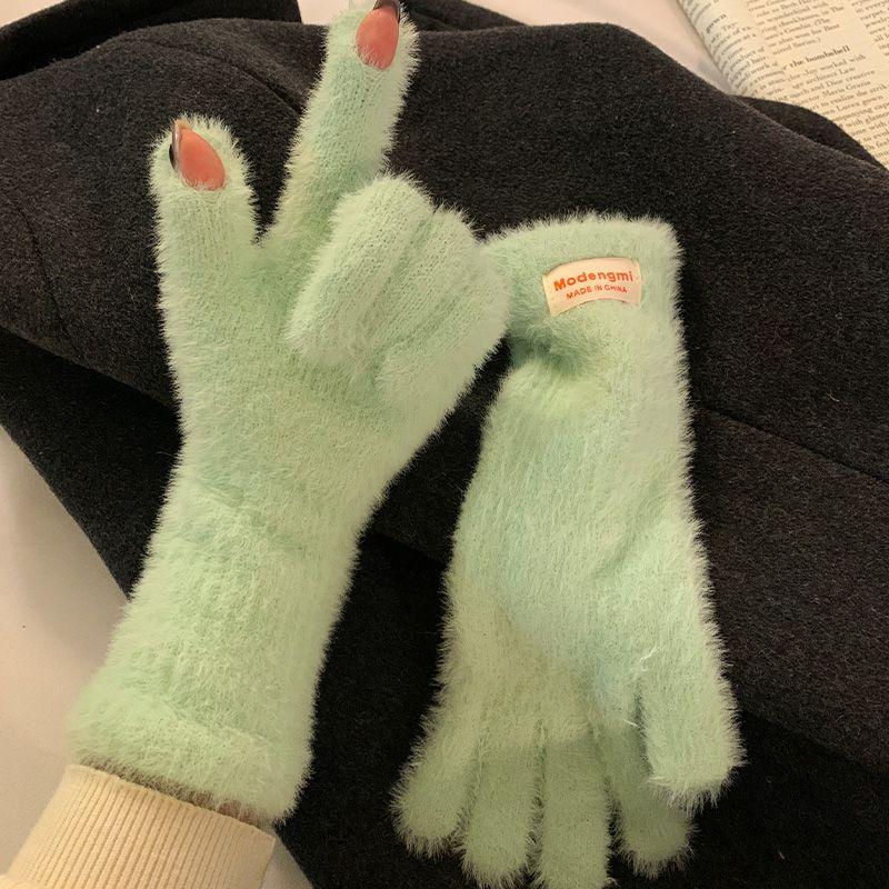 

Autumn and Winter 2024 New Arrival Pure Color Plush Gloves Female Finger Touch Screen Thickened Warm-Keeping and Cold-Proof Outdoor Cycling Cyan All yards
