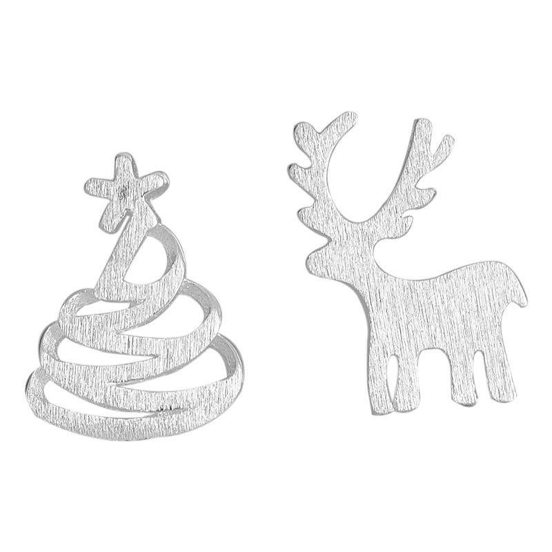 S925 Silver Reindeer & Christmas Tree Asymmetrical Stud Earrings - Women's Korean Mori Style