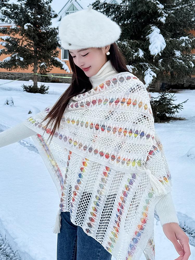 Knitted Winter Scarf Women Ladies Layers Poncho Rainbow Striped Hollow Wraps Shawl Casual Warm Scarve Capa Para Pashmina Cloak