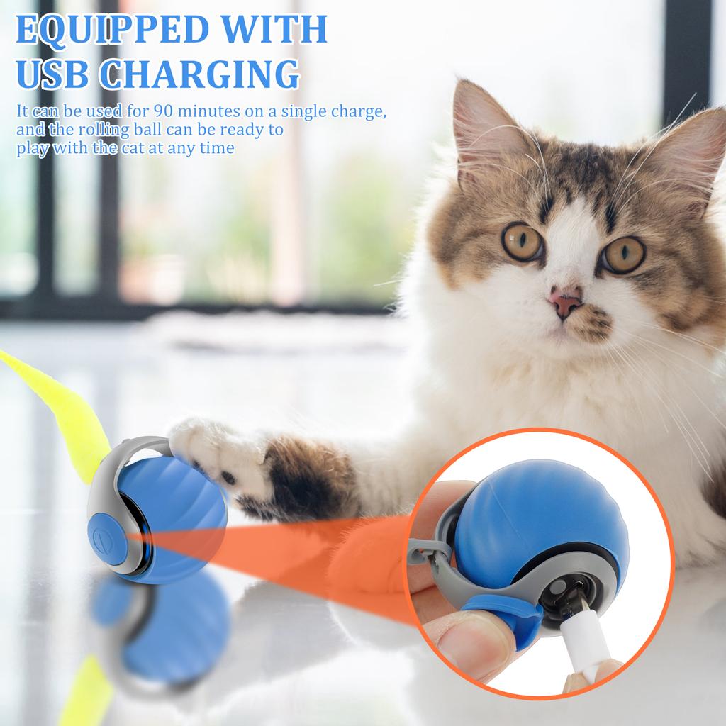 2Pcs Cat Interactive Ball USB Rechargeable Cat Balls with Replacement Tails Electronic Automatic Rolling Magic Ball Toys for Cat