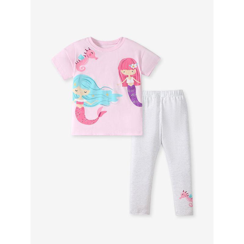 European and American Cute Girl Mermaid Short Sleeve Suit Baby Pure Cotton Leggings Two-piece Set Kids Summer Half Sleeve