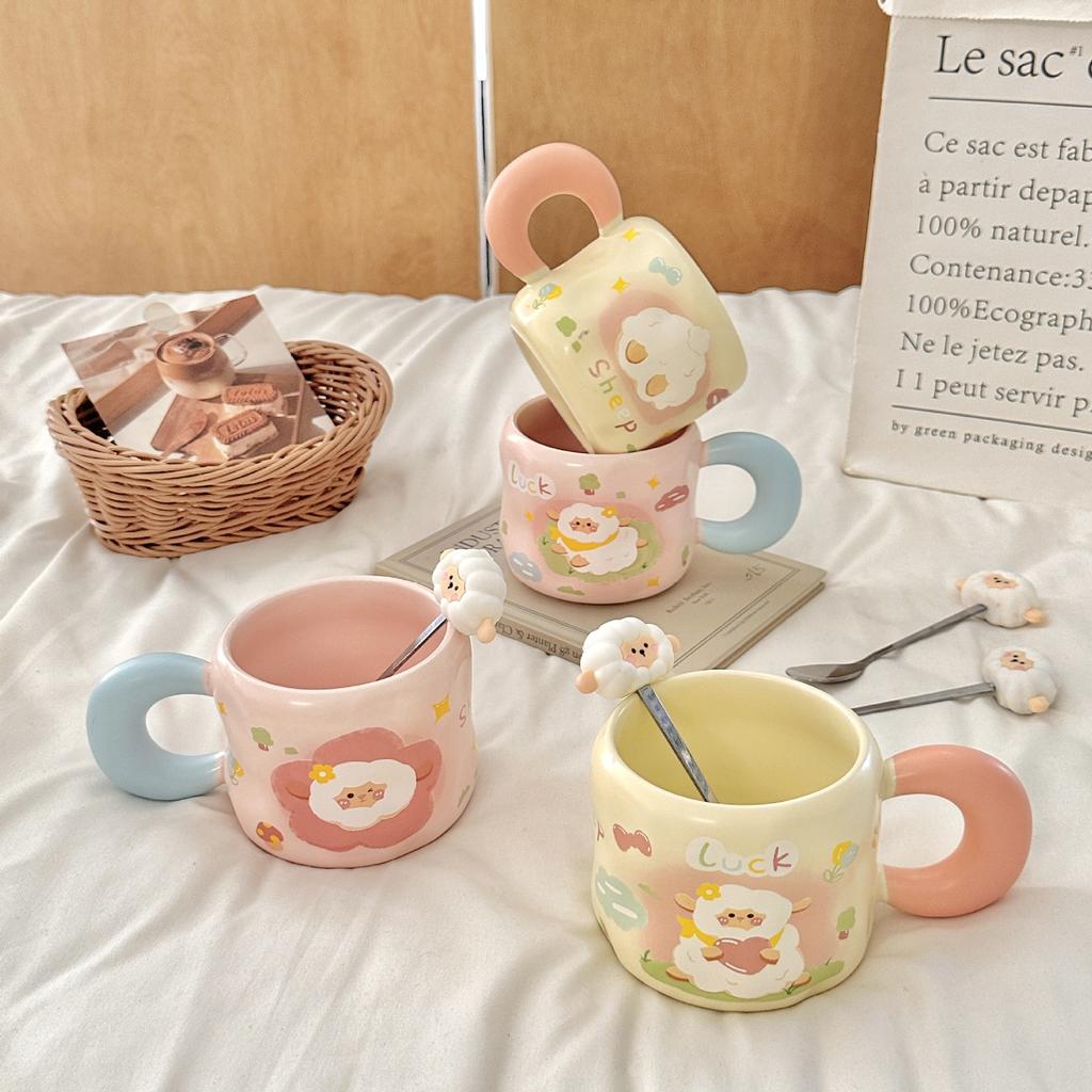 Cute Cartoon Lamb Ceramic Cup Birthday Gift Girl Mug with Lid Couple Girl High value Water Cup