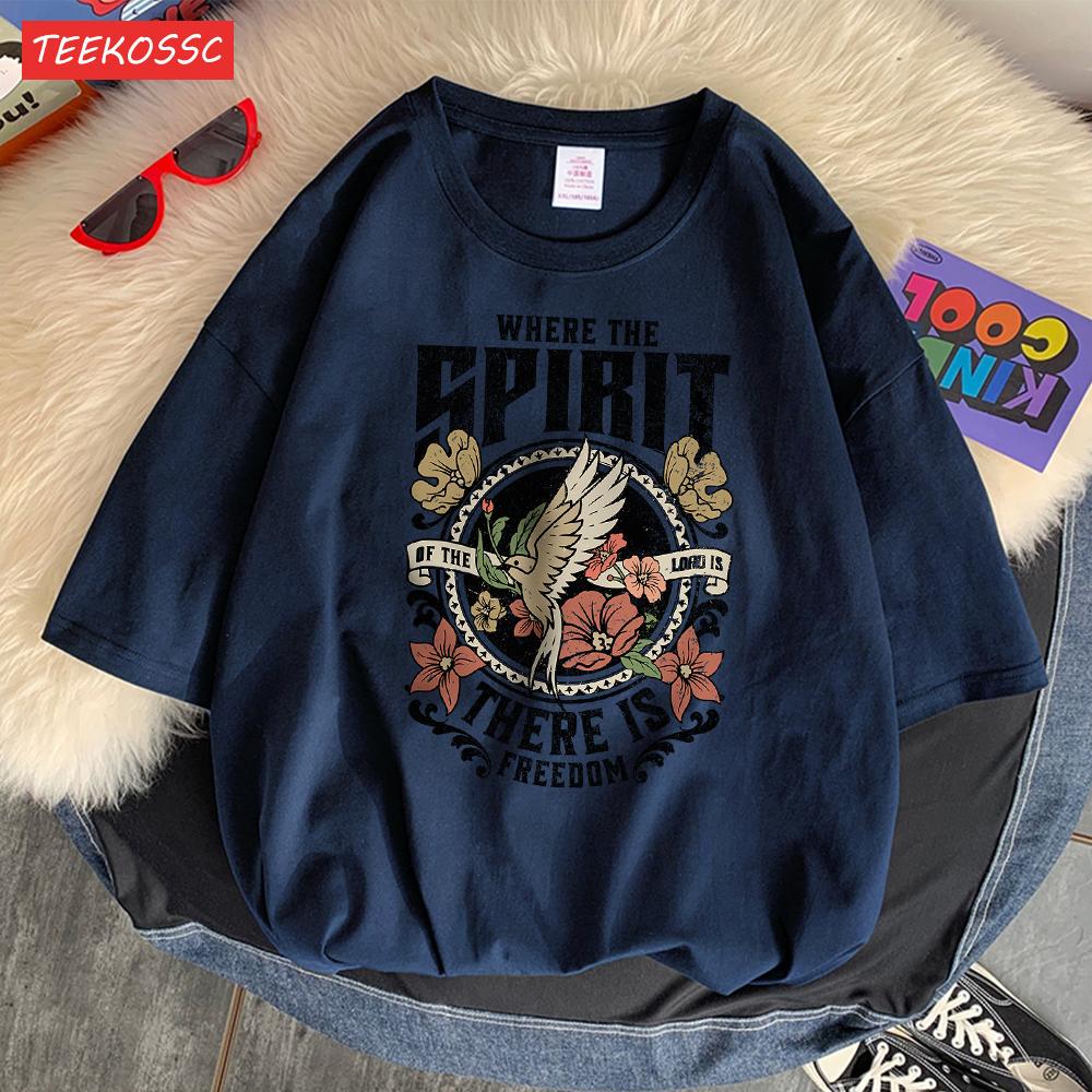Where The Spirit There Is Freedom Printed Men'S Tshirt Cartoon Art Tees Popular Cotton T Shirt Retro Loose Short Sleeved