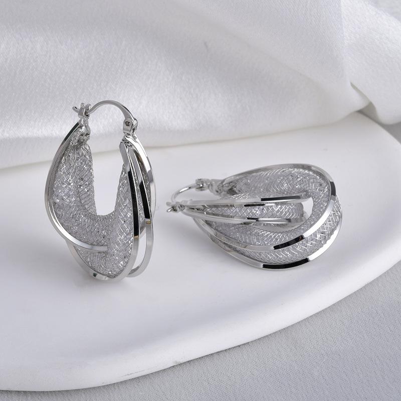 2026 European Elegant Mesh Crystal Hoop Earrings - Luxury Sparkling U-Shaped Ear Buckles for Women Niche Design Jewelry