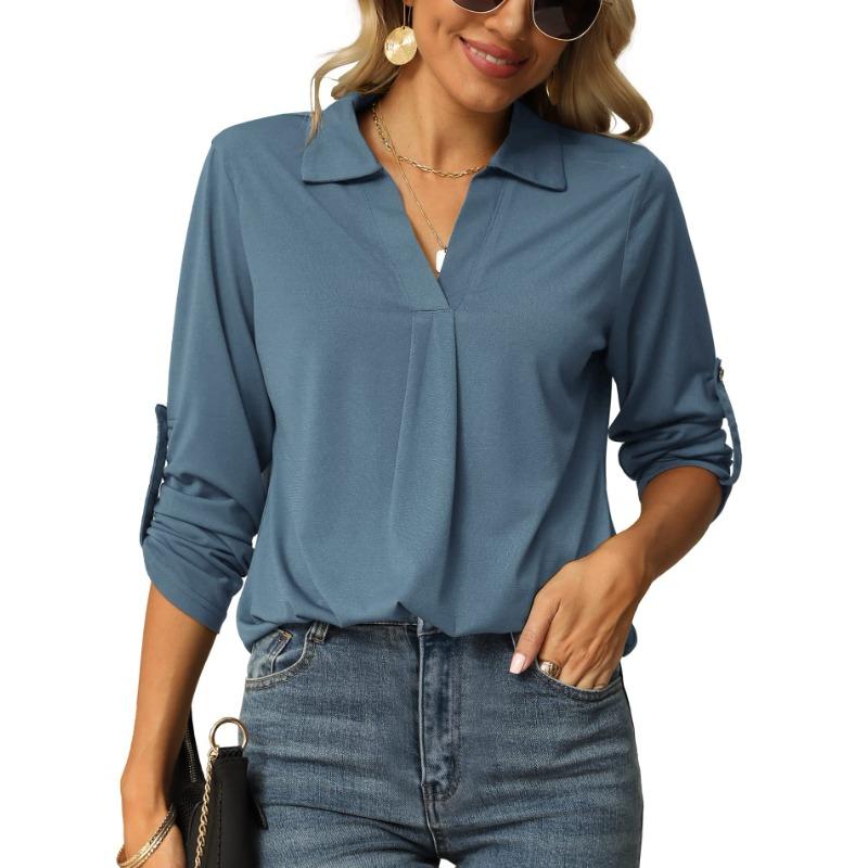 Frühling und Herbst Damen Hemdbluse Stretchshirt V-Ausschnitt Langarmshirt