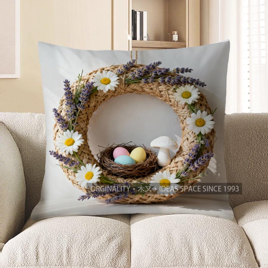 2D Easter Wreath Nest And Eggs Pillow Cover Pattern Cushion Cover Suitable For Sofa Bedroom Car Pillow Cover