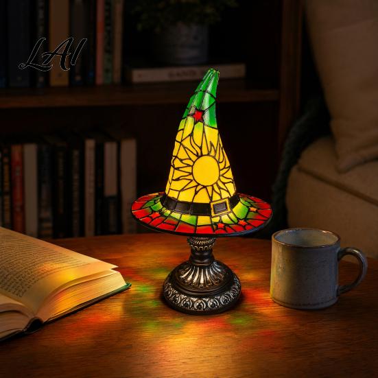 Halloween Desk Decor Stained Glass Witch Hat Lamp Table Lamp with Inline Switch USB Powered Aesthetic Style for Bedroom Bookshelf Desk Witches