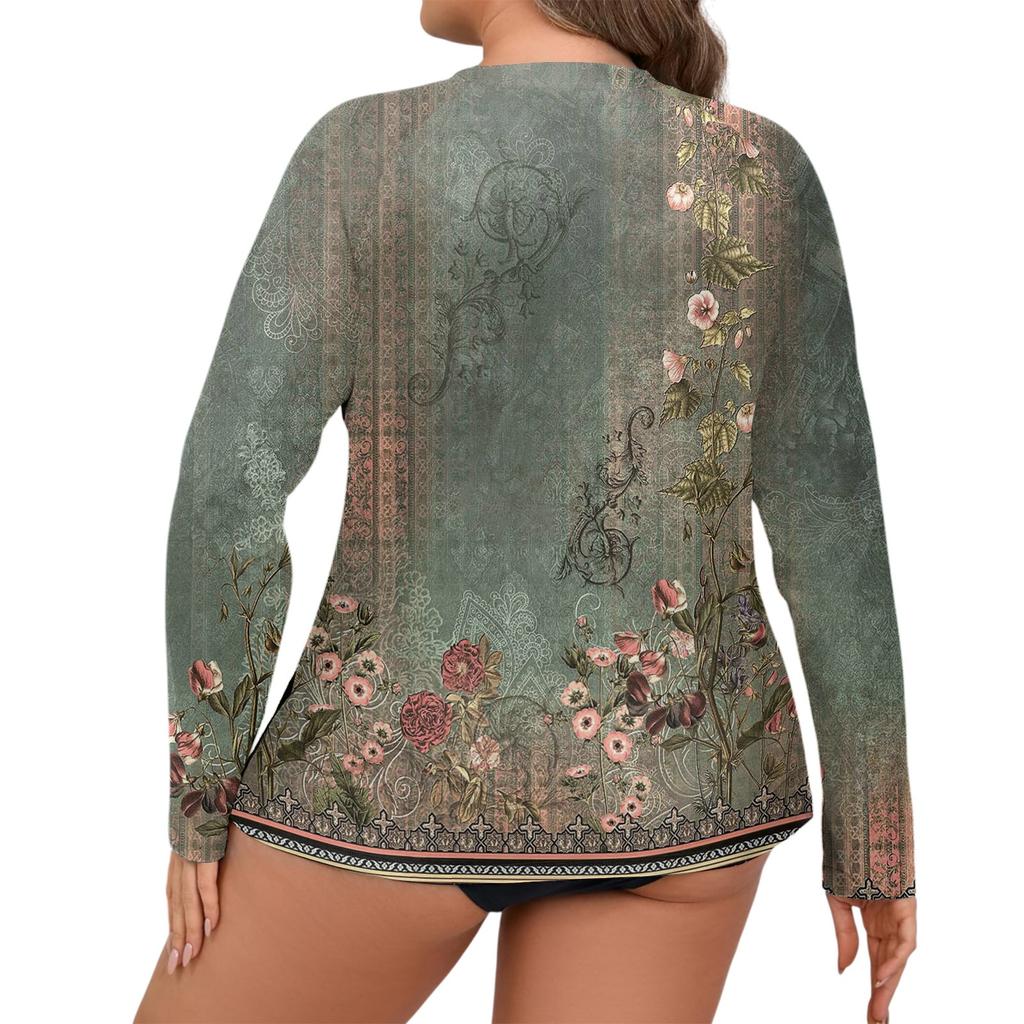 Damen Bedruckt Übergröße Langarm Badeanzug Sonne Jacke Schnelltrocknend Wander-Top