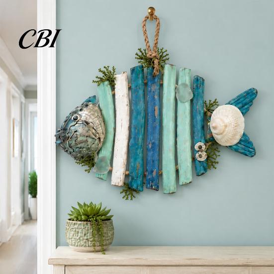 Coastal Home Decorations Lighted Wooden Fish Hanging Wall Decor, Rustic Nautical Fishing Wood Sculpture with LED Lights, Handcrafted Sculptures Beach
