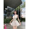 White Halter Neck Mini Dress for Women Backless Ruched Flared Hem Party Clubwear