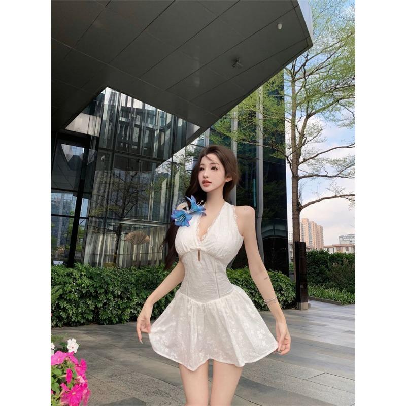 White Halter Neck Mini Dress for Women Backless Ruched Flared Hem Party Clubwear