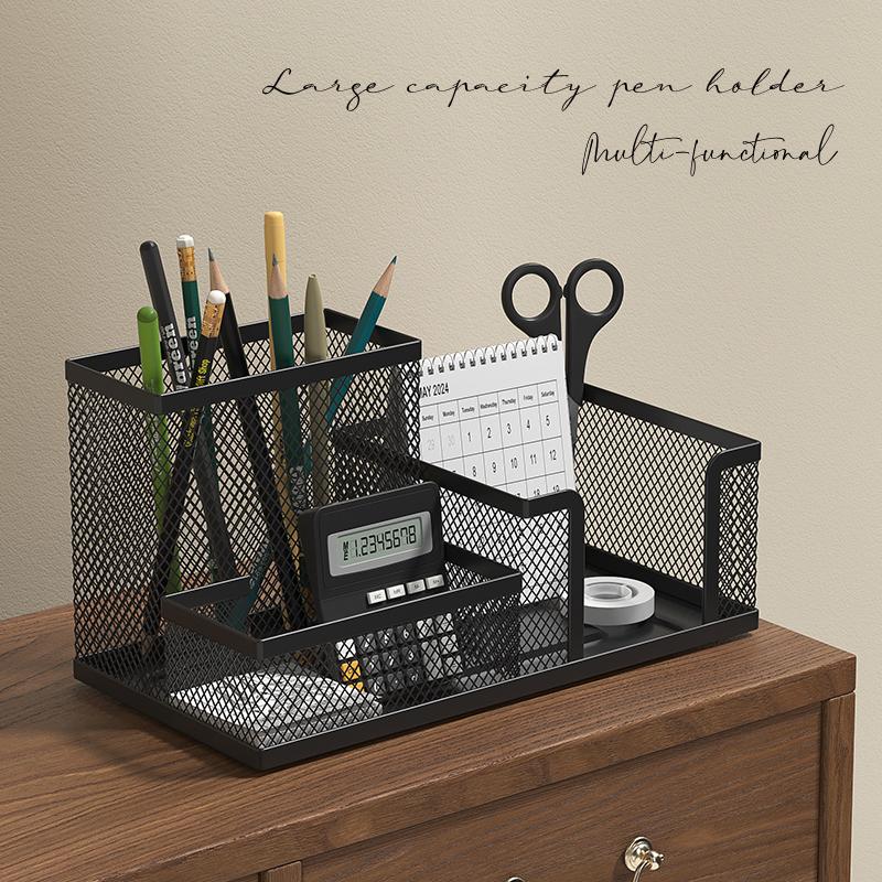 Black Mesh Desk Organizer - 3 Compartments With Pen Holder & Storage Baskets, Tame Office Supplies Clutter Fast
