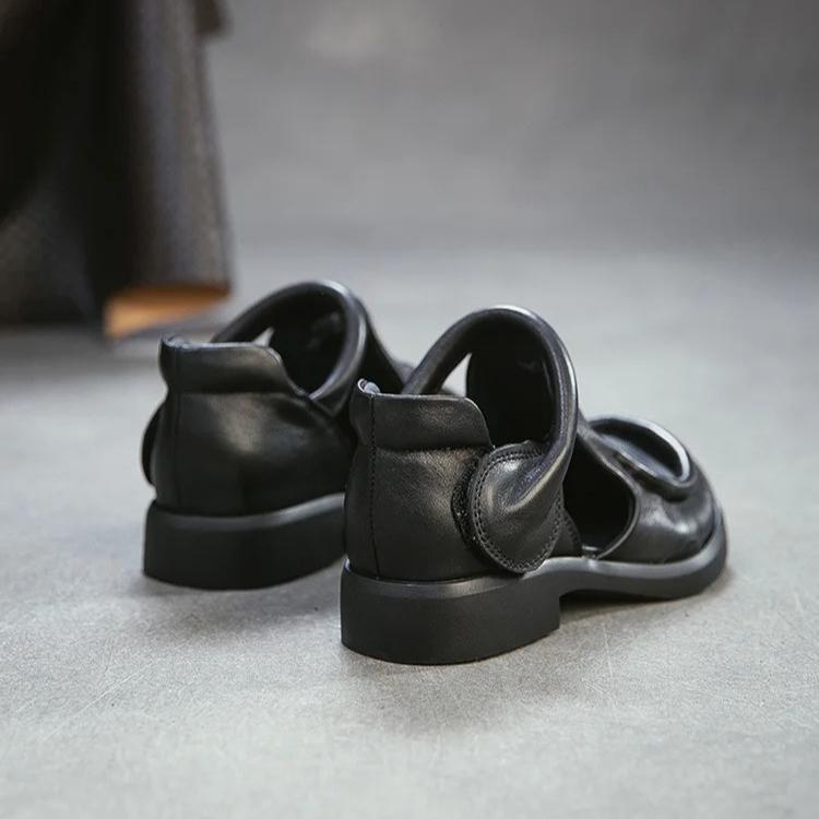 Johnature Sandales de Ville en Cuir Véritable Rétro Polyvalentes Peau de Vache Bout Rond Petit Talon Chaussures pour Femmes