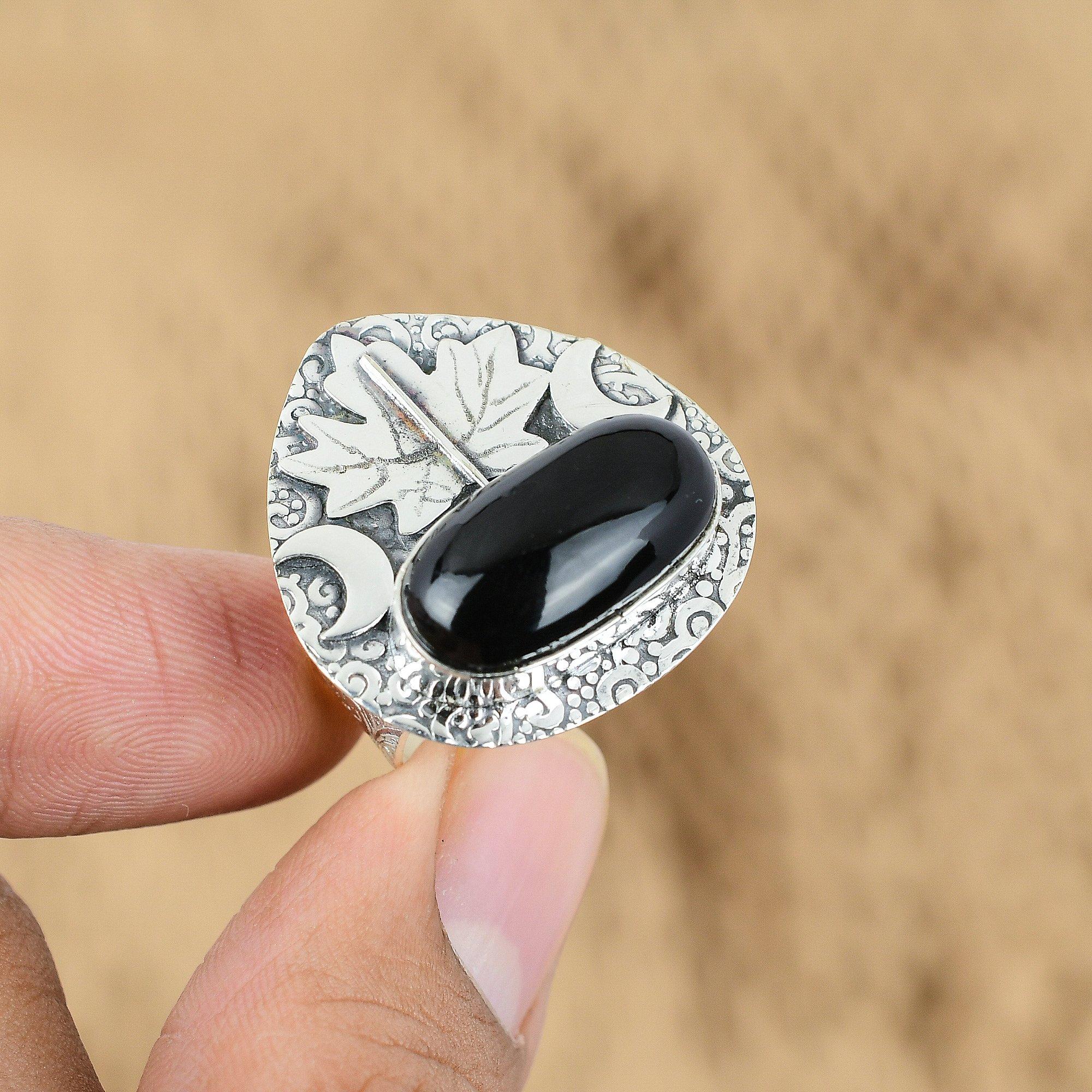 

Oval Root Chakra Black Onyx Gemstone Sterling Silver Cresent Moon Artisan Ring Yes