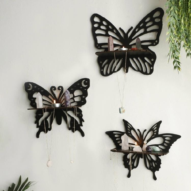 Kreatives Schmetterlingsform Holz Schweberegal Schmuck Kristall Display Wandregale für Schlafzimmer Wohnzimmer Dekoration