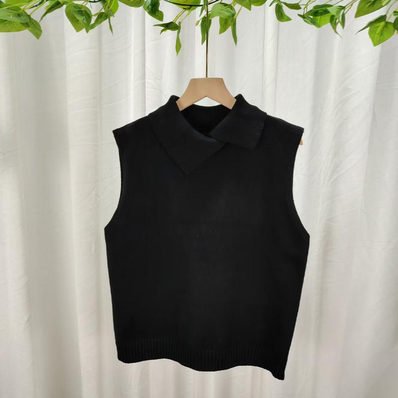 Otoño Invierno Coreano Color Sólido Solapa Sin Mangas Versátil Casual Chaleco Tejido Para Mujer