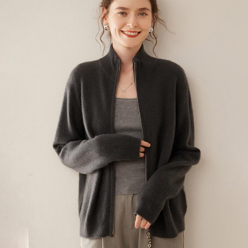Women's High-Neck Cashmere Cardigan - 2024 Autumn/Winter Collection, Thick Seven-Gauge Solid Sweater Coat
