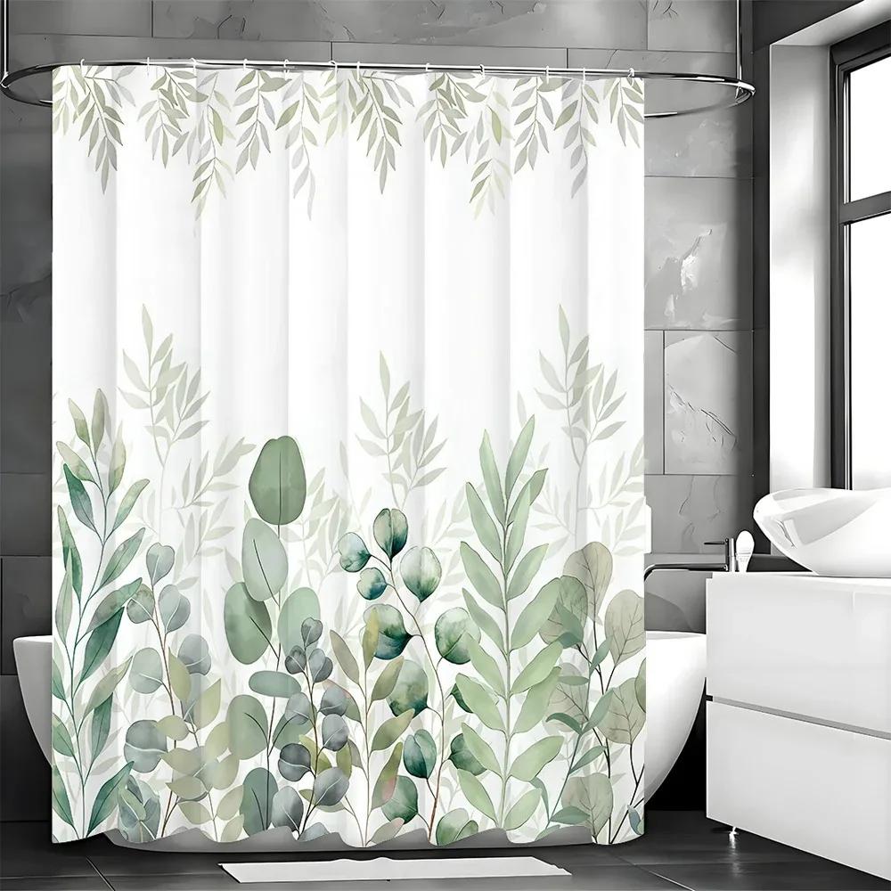 Rideau de douche Feuille d'eucalyptus, Rideau de douche décoratif pour salle de bain, Rideau de douche imperméable avec crochets