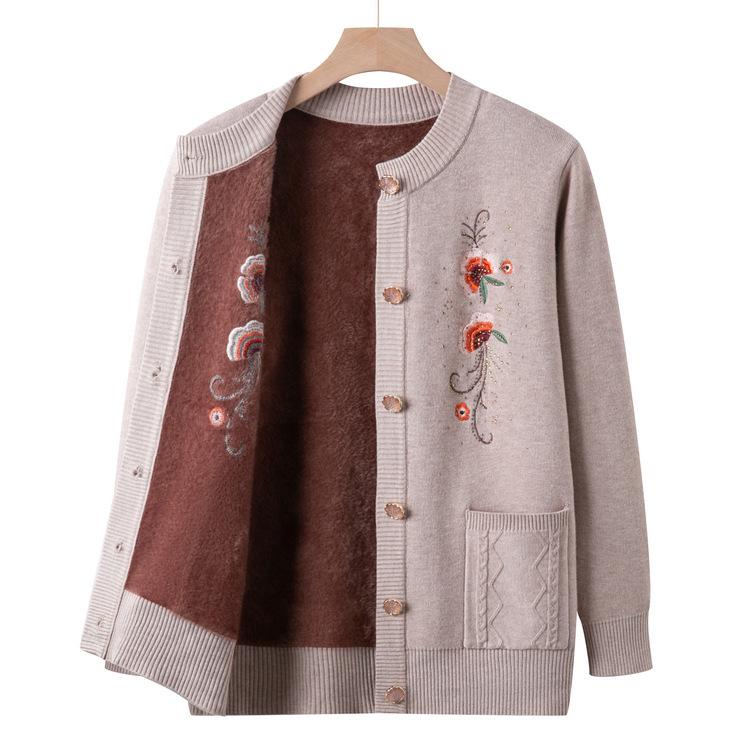 Women Plus Velvet Thickened Sweater for Middle-aged and Elderly People In Autumn and Winter Embroidered Cardigan for Mother Coat for Elderly People