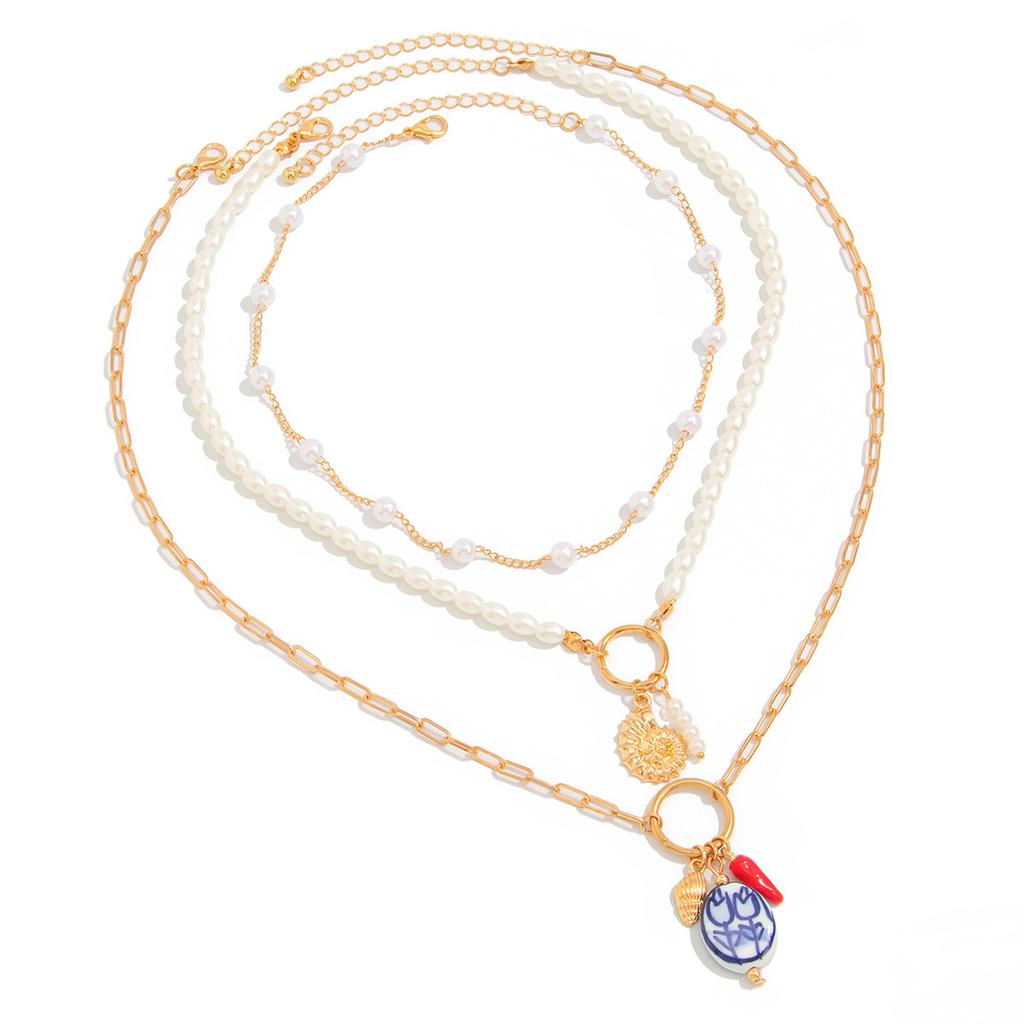 Wind Bow Starfish Conch Necklace Set, Design Imitation Pearl Beaded Collarbone Necklace