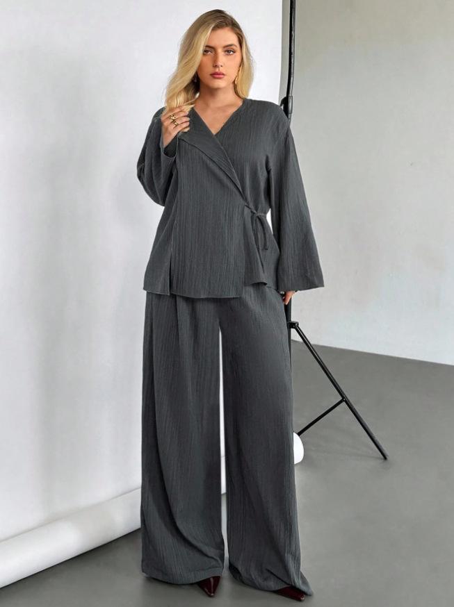 In-Stock Women s Fashion Elegant Long-Sleeve Top & Wide-Leg Pants Set XL