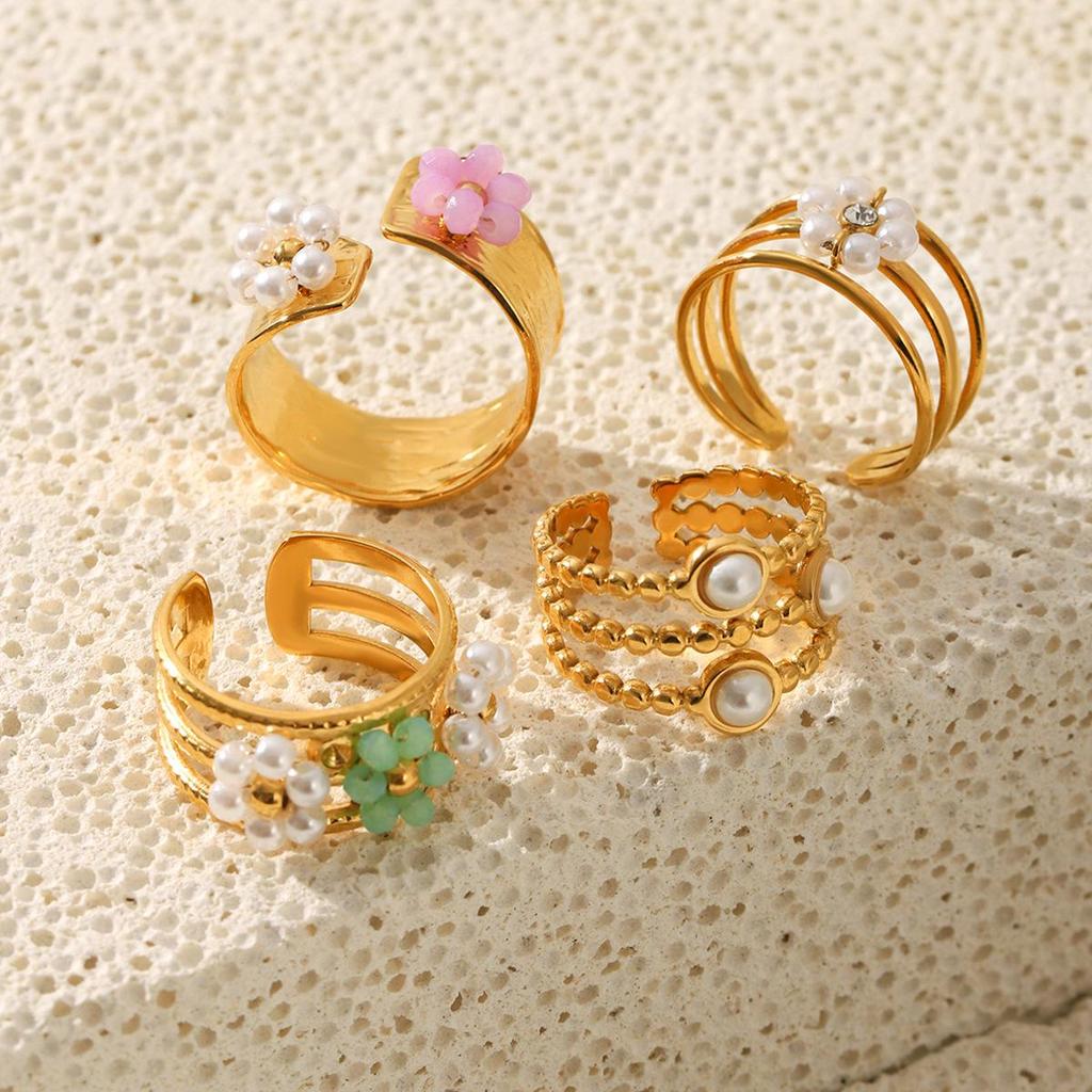 European and American Pearl Flower Stainless Steel Open Ring – High-End, Non-Fading Titanium Steel for Women