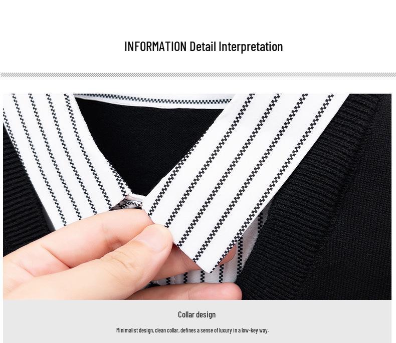 Men's Two-Piece Look Sweater with Striped Shirt Collar – Spring/Autumn Knit Wool Top & Vest