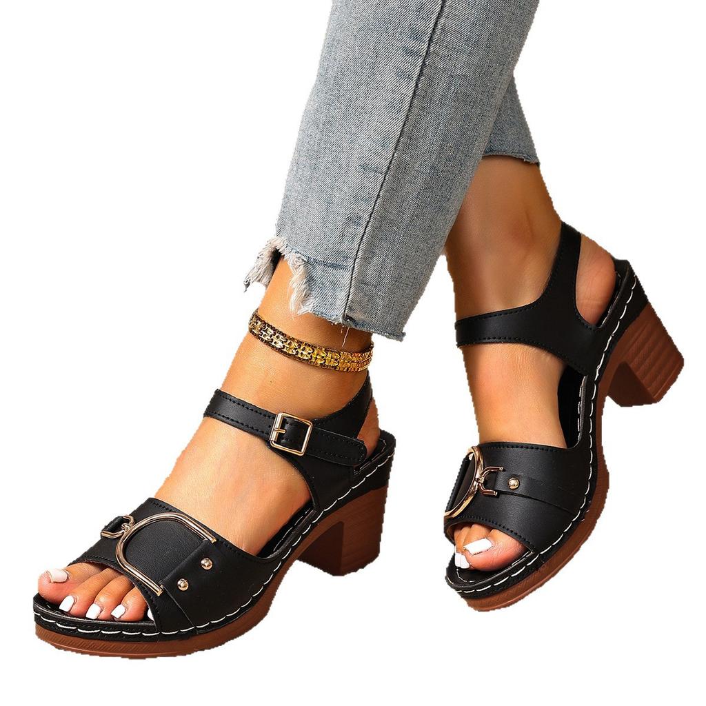 Fashion 2025 Summer Block Heels Beige Heeled Sandals Sale Of Women's Shoes Large Size Chunky Black New Big Outside High Fashion Girls Co