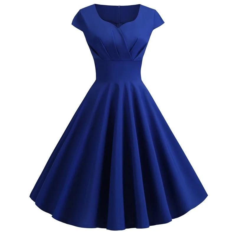 Women Summer Dress Solid Color Vintage Casual Party Robe Rockabilly Dresses Vestidos