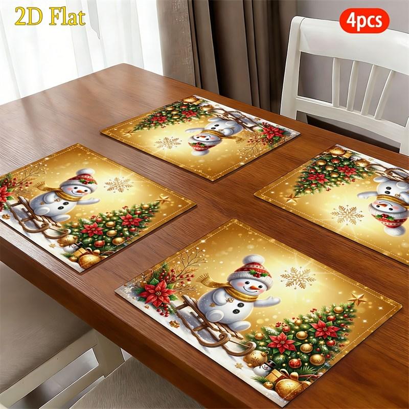 Christmas Linen Placemats, Santa Cabin with Snowman Gifts, Absorbent Easy Clean, Holiday Dinner