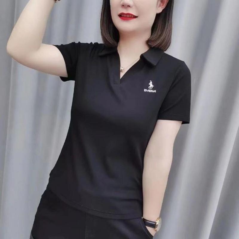 Damen Slim Fit Poloshirt Kurzarm V-Ausschnitt Lässig Einfarbiges Oberteil