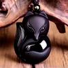 Obsidian Carving Fox Amulet Pendant Bead Chain Necklace Unisex Jewelry Gift