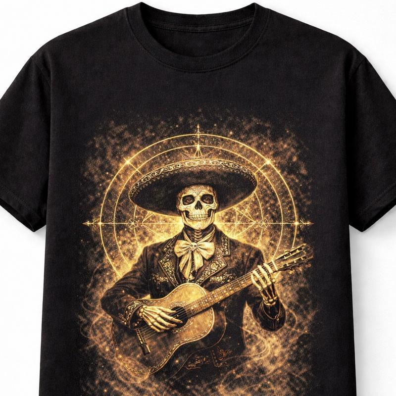 Skeleton TShirt Dark Fantasy Gothic Mariachi Unisex Black Graphic Tee