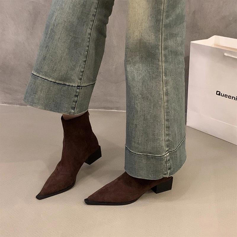 Mode 2025 Designer Leopard Damen Stiefeletten Mode Spitzschuh Kurze Stiefeletten Damen Prägnante Blockabsatz Schuhe