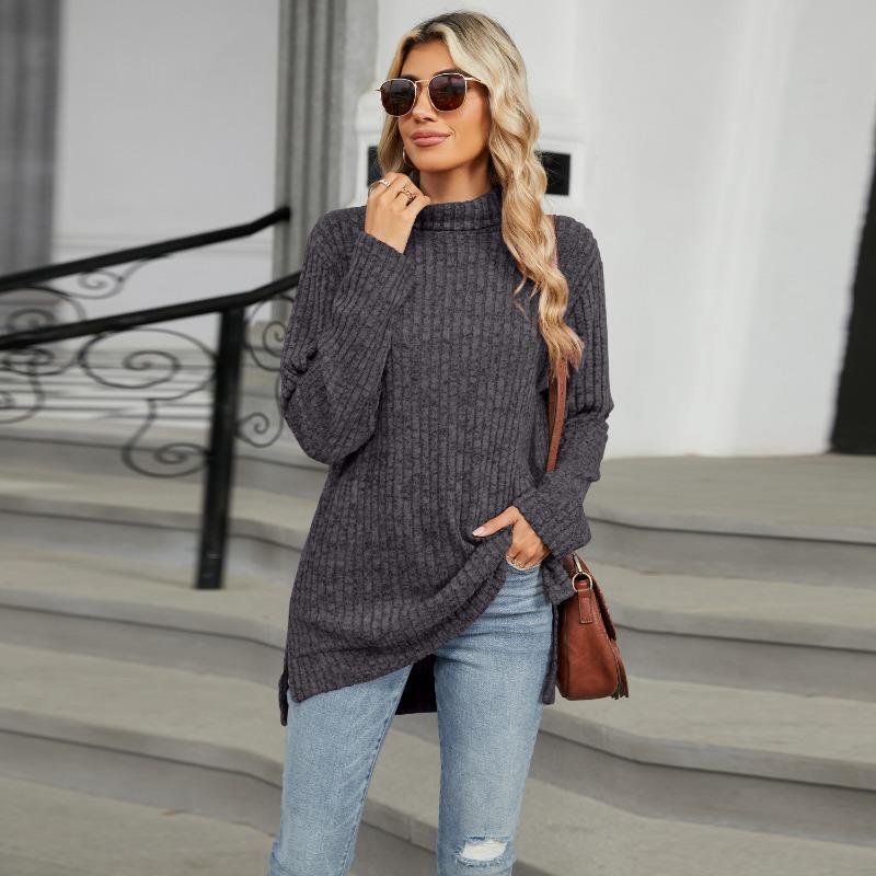 Women S High Neck Loose Long Sleeve Split T Shirt Top