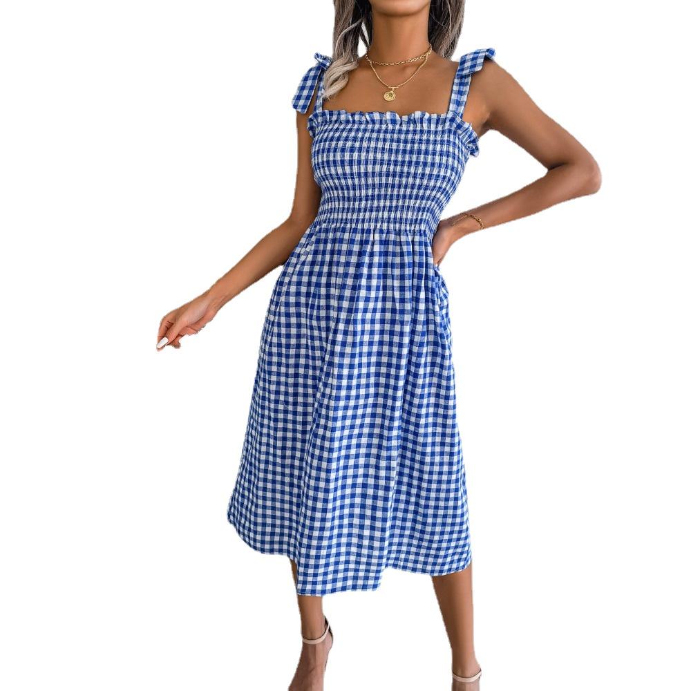 

GMXIA весна-лето повседневное женское платье средней длины в клетку контрастного цвета на шнуровке XL синий